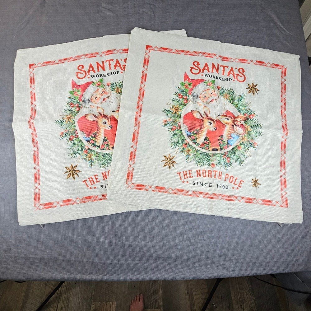 Santa's Workshop burlap Pillow Covers (2) The North Pole Christmas Holiday Decor